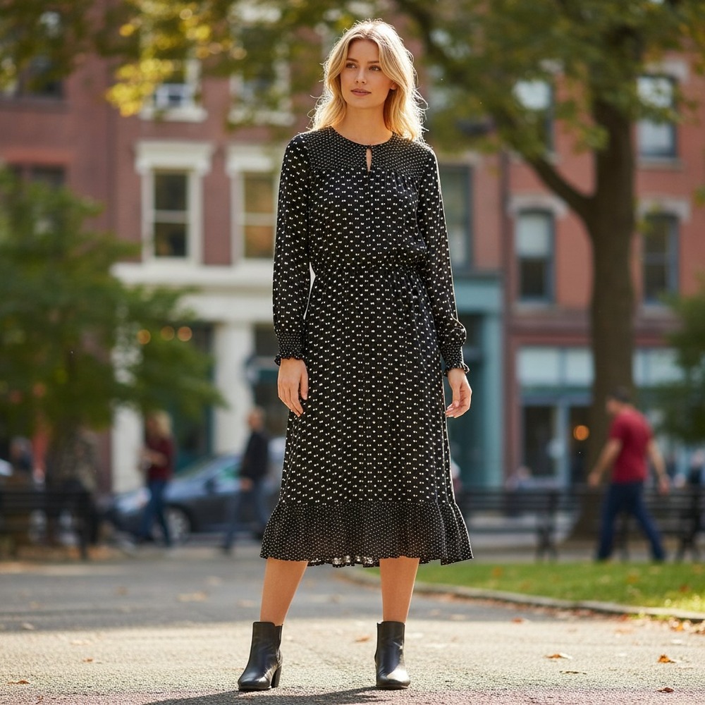 People Tree Polka Dot Midi Dress 12 Black Organic Cotton Long Sleeve Cottagecore